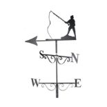 A modern black painted metal weather vane, depicting a fly fisherman.