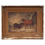 19th century English school - A Mare and Foal in a Winter Landscape - oil on panel, framed, 22cm