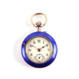 A late Victorian 9ct gold and blue enamel fob watch, the white dial with Arabic numerals and