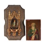 A Catholic reliquary sconce, 11cm wide; together with a miniature Russian icon of a saint, 8cm wide,