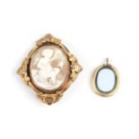 A 19th century pinchbeck cameo mourning brooch with hair plait back; together with a smaller