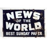 An original enamel advertising sign 'News Of The World Best Sunday Paper', 92 by 62cms. Condition