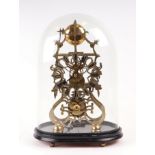 A brass skeleton clock, the silvered dial with Roman numerals, under a glass dome on an ebonised