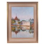Asian school - Buddhist Temple Reflected in a Lake - watercolour, framed & glazed, 35 by48cms.