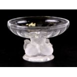 A Lalique Nogent pedestal bowl on a column with four frosted glass birds, designed by Marc