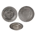 Two 18th century pewter chargers by George Stafford, London and Samuel Duncombe, Birmingham, each