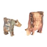 A Karen Laver studio pottery cow, 18cm high and another similar, 14cm high (2).