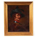 19th century school - Portrait of a Gentleman Wearing a Feathered Hat - oil on board, framed. 20