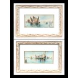 E Thompson - a pair of seascapes with fishing boats in a harbour, both signed lower left,