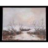 De Brett (modern British) - Winter River Scene - oil on canvas, 61cm by 46cm.