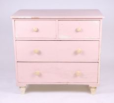 A painted pine chest of two short and two graduated long drawers, on turned feet, 91cms wide.