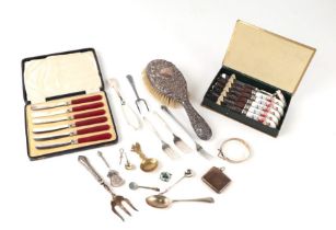 A silver gilt vesta case, a Georgian silver fish knife, a silver backed hairbrush, a set of six