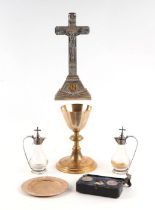 A pair of silver mounted communion wine decanters, London 1962, 13.5cms high; together with two