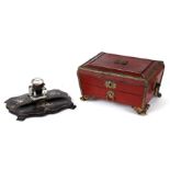 A 19th century gilt metal mounted sewing box with sectioned interior and single drawer, 23cms