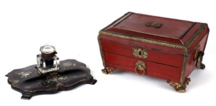 A 19th century gilt metal mounted sewing box with sectioned interior and single drawer, 23cms