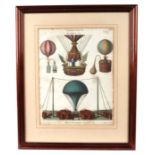 Aeronautic interest. A hand coloured engraving depicting early hydrogen balloon flights and