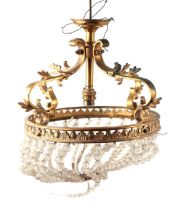 A gilt metal and glass bead bag chandelier, 30cms diameter; together with a similar wall bracket