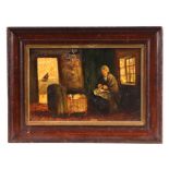 A 19th century style painted ceramic plaque depicting a rustic cottage interior with old lady and