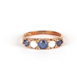 A 9ct gold sapphire and opal five-stone ring, approx UK size L, 1.9g.