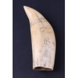 A 19th century sperm whale tooth scrimshaw depicting a figure of Britannia, the Rock of Gibraltar