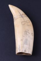 A 19th century sperm whale tooth scrimshaw depicting a figure of Britannia, the Rock of Gibraltar