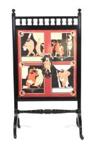 A Victorian Aesthetic ebonised fire screen with inset stylised print depicting the trials of