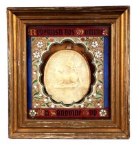 A continental wax plaque for Gregory XVI with central sheep holding a flag armorial within script,
