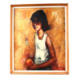 20th century modern Korean school - a half length portrait of a young girl holding an orange, oil on