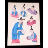 A group of Chinese watercolour appliques depicting robed figures, mounted on card.