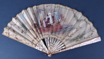 A 19th century mother of pearl fan decorated with a Regency parlour scene, in original box.