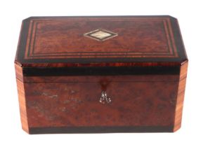 A Victorian amboyna wood tea caddy of rectangular form with canted corners, inlaid with mother of