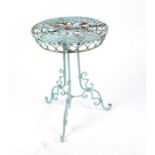 A painted wirework conservatory or garden table, the circular top on a triform base, 44cms