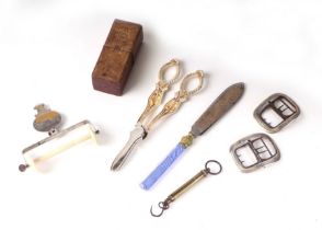 A pair of 18th century silver and steel buckles; together with a paper knife with latticino glass