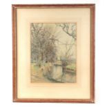 G F Nicholls - River Scene with Church in the Background - signed lower right, watercolour,