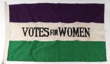 A Votes For Women Suffragette flag with printed maker's mark 'W.S.P.U.' 93 by 61cms. Condition