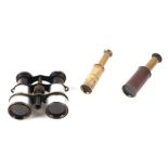 Two brass telescopes or opera monoculars; together with a pair of opera binoculars (3).