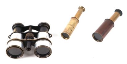 Two brass telescopes or opera monoculars; together with a pair of opera binoculars (3).