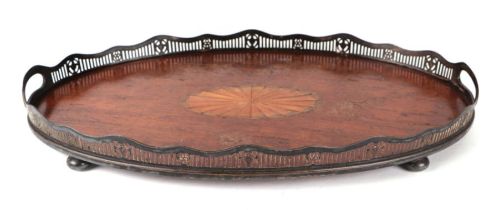 An Edwardian inlaid mahogany two-handled oval tray with pierced silver plated gallery, 55cms wide.