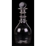 An Irish Cork Waterloo Glass Co. decanter and stopper, circa 1800, of mallet form with three applied