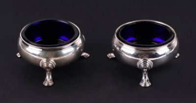 A pair of George III style silver cauldron salts with shell capped hoof feet, marks rubbed, 107g