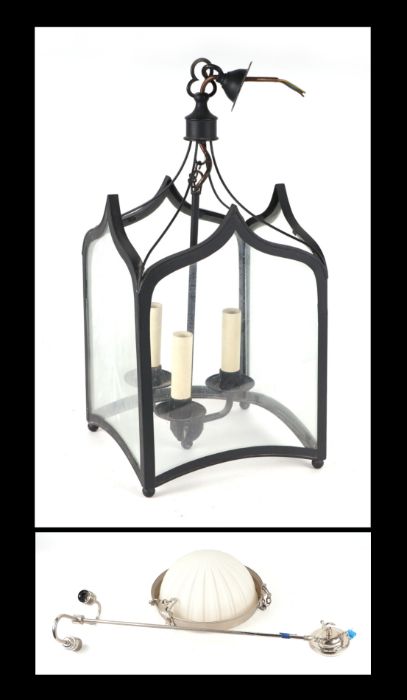 A Gothic style hall lantern; together with a frosted glass ceiling light (2).