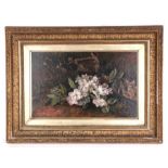 Victorian school - Still Life of Primroses - oil on canvas, initialled 'MCM' lower right, 40 by