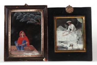 An Indian portrait miniature depicting a gentleman ironing laundry, painted on mica, framed &