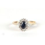 A 9ct gold sapphire and diamond cluster ring, approx UK size M, 1.8g.