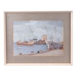 Mid 20th century English school - Harbour Scene with Moored Boats and a Crane in the Distance -