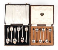 A set of six silver coffee spoons with coffee bean finials, Sheffield 1919, 48g, and a set of six