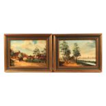 Continental school - a pair of landscape scenes with figures on a lane with buildings in the