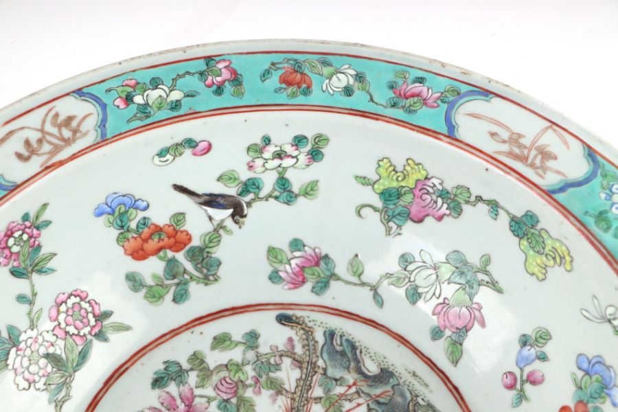 A large Chinese famille rose bowl decorated with birds, flowers and fruit, on a turquoise ground, - Image 5 of 11