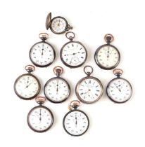 A quantity of pocket and stop watches in silver and gun metal cases for spares or repairs.