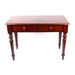 A Victorian mahogany side table with two frieze drawers, on turned legs, 104cms wide.